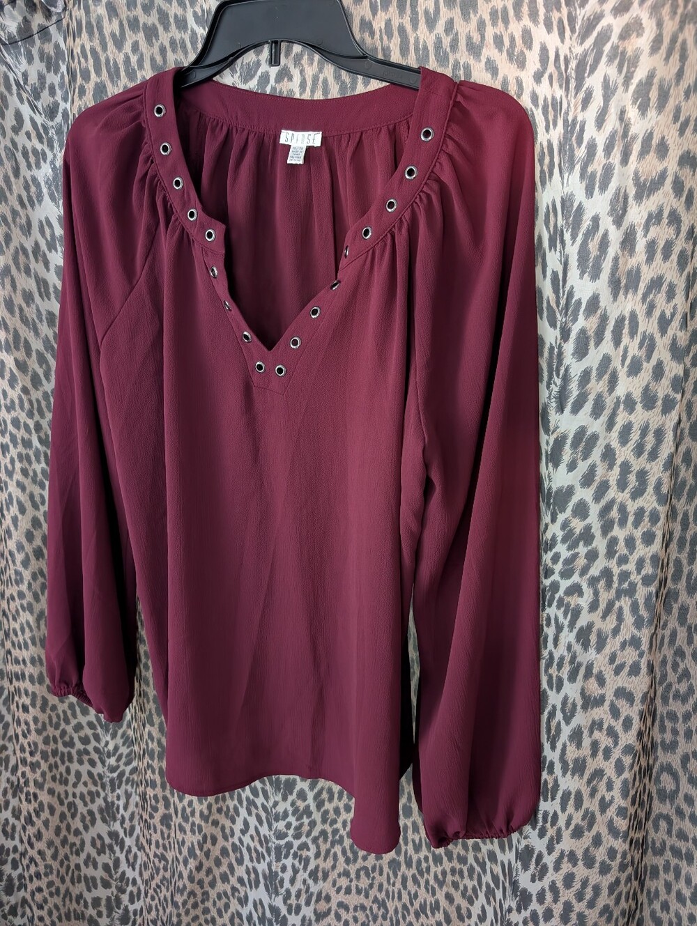 Spense Burgundy V-Neck Blouse Grommets XL